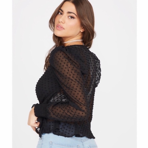 Revamped Black Sheer Dotted Long Sleeve Peplum Blouse - Picture 2 of 5
